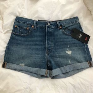 Levi’s 501 Distressed Med-Wash Long Denim Shorts